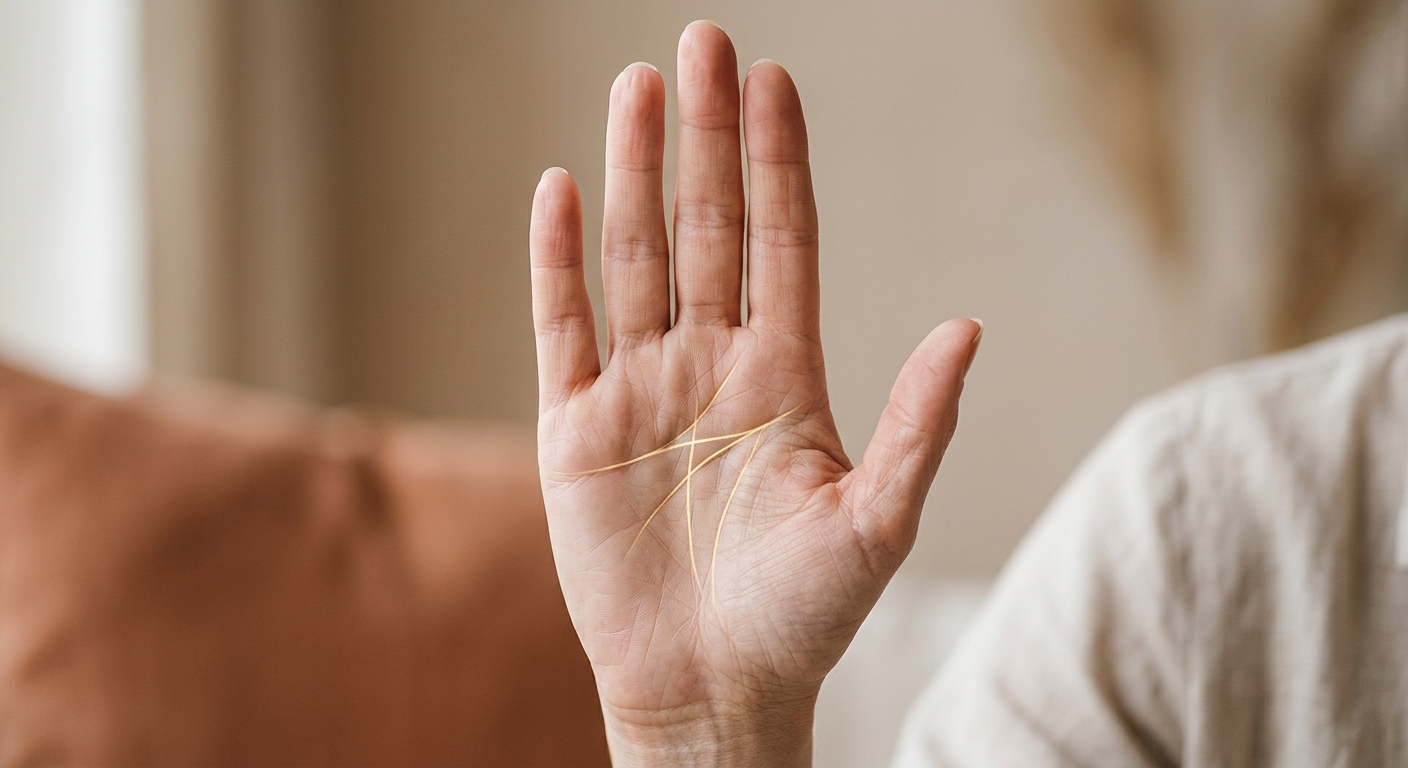 A close-up, highly detailed photograph of an open human palm held upright against a soft, warm-toned neutral background. The palm displays clearly visible hand lines, with two prominent lines — a head line and a heart line — connected by a subtle bridging line, illustrating a modified simian crease formation. The lines are rendered with fine, realistic skin texture and natural lighting that emphasizes the depth and clarity of the creases. Overlaid on the palm are faint, elegant glowing golden tracings highlighting the specific line patterns and their connections, giving a professional, analytical feel. The mood is calm, thoughtful, and authoritative — evoking the expertise of a seasoned palmistry practitioner. The overall aesthetic is clean and editorial, with soft bokeh in the background, suitable for a professional palmistry education article.