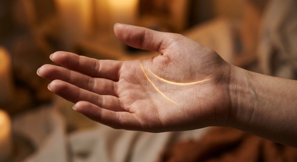 A close-up, softly lit photograph of an open human palm held upward, with the heart line (emotional line) subtly highlighted with a warm golden glow tracing across the upper portion of the hand from beneath the pinky finger toward the index finger. The hand is elegant and relaxed, with a shallow depth of field blurring a neutral, warm-toned background. The lighting is intimate and mystical, evoking a sense of introspection and self-discovery. The skin texture is detailed and realistic, capturing the natural lines and curves of the palm. The overall mood is calm, thoughtful, and slightly ethereal — blending the feeling of ancient wisdom with modern personal reflection. Editorial photography style with a warm amber and ivory color palette.