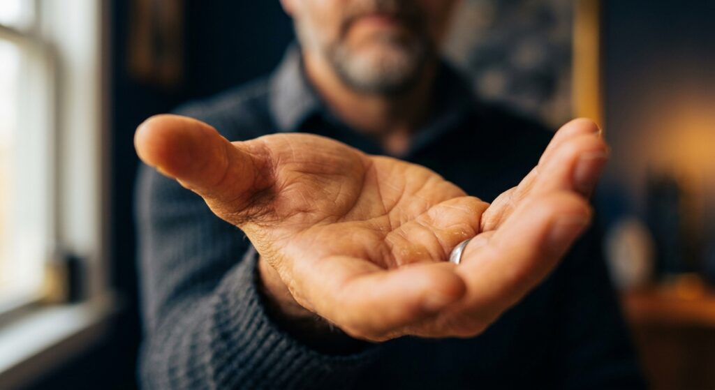 A close-up editorial photograph of a person's open palm held up toward soft natural light, showing clearly visible palm lines with focus on the life line curving around the base of the thumb. The hand belongs to a thoughtful adult, skin warm and well-lit with a golden-toned ambient glow. The background is softly blurred in deep indigo and warm amber tones, evoking a sense of wisdom and introspection. The composition is intimate and detailed, capturing the texture of the skin and the natural curves and intersections of the palm lines. The mood is calm, philosophical, and slightly mystical yet grounded and modern — balancing the feel of ancient knowledge with contemporary clarity. Photorealistic style with shallow depth of field, shot as if by a professional editorial photographer.