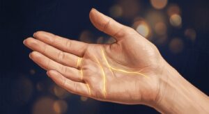 A close-up, editorial-style illustration of an open human palm held upward, with three glowing golden lines highlighted across the hand — one running vertically beneath the ring finger, one beneath the little finger, and one through the center of the palm. The lines subtly radiate warm golden light, suggesting prosperity and energy flow. The hand is detailed and realistic, set against a deep navy or dark indigo background with soft bokeh light effects. The overall mood is mystical yet grounded, evoking ancient wisdom and financial insight. The composition feels like a premium fortune-telling or palm reading visual, with a sophisticated, modern aesthetic.