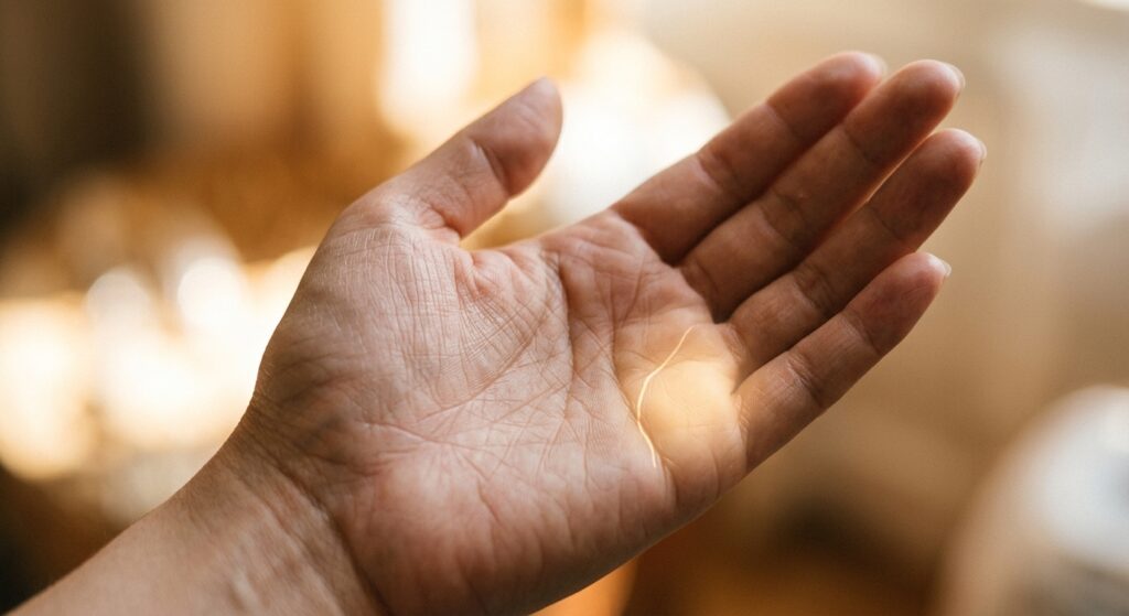 A close-up, highly detailed photograph of an open human palm facing upward, softly lit with warm golden light. The hand belongs to an East Asian adult, skin tones natural and realistic. Clearly visible palm lines are highlighted, with a distinct line tracing from the life line near the base of the thumb curving upward toward the area beneath the little finger (Mercury mount). The Mercury mount area glows subtly with a soft golden luminance, symbolizing financial fortune and business talent. The background is blurred into a warm, bokeh-style amber and cream tone, evoking prosperity and wisdom. The image has an editorial, introspective quality — slightly mystical yet grounded and modern, suitable for a thoughtful article on palmistry and self-discovery.