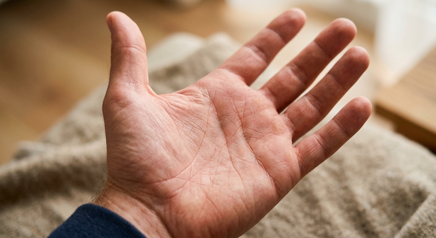 A close-up, highly detailed photograph of an open human palm held gently upward, with soft warm lighting illuminating the natural lines of the hand. The focus is on the prominent life line curving gracefully around the base of the thumb, with subtle secondary lines visible across the palm. The skin has a healthy, warm pinkish tone, and the hand is positioned against a soft, neutral background with a gentle bokeh effect. The image has an editorial, professional quality with a calm and introspective mood, evoking themes of self-discovery, vitality, and the passage of time. Natural studio lighting, shallow depth of field, photorealistic style.