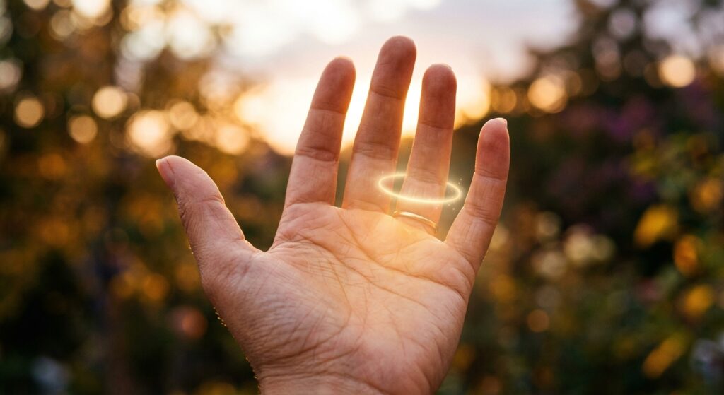 A close-up, mystical photograph of an open human palm held upward toward warm golden sunlight, with the ring finger prominently visible and a faint luminous ring of light encircling its base. The skin of the hand shows delicate palm lines with a soft, ethereal golden glow emanating from the area beneath the ring finger. The background is softly blurred with warm amber and celestial light tones, evoking a sense of rare cosmic energy and inner radiance. The mood is serene, sacred, and deeply personal — like uncovering a hidden gift written into one's own body. Photorealistic style with soft bokeh lighting, warm golden hour tones, and a touch of spiritual luminescence.