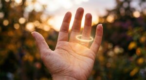 A close-up, mystical photograph of an open human palm held upward toward warm golden sunlight, with the ring finger prominently visible and a faint luminous ring of light encircling its base. The skin of the hand shows delicate palm lines with a soft, ethereal golden glow emanating from the area beneath the ring finger. The background is softly blurred with warm amber and celestial light tones, evoking a sense of rare cosmic energy and inner radiance. The mood is serene, sacred, and deeply personal — like uncovering a hidden gift written into one's own body. Photorealistic style with soft bokeh lighting, warm golden hour tones, and a touch of spiritual luminescence.