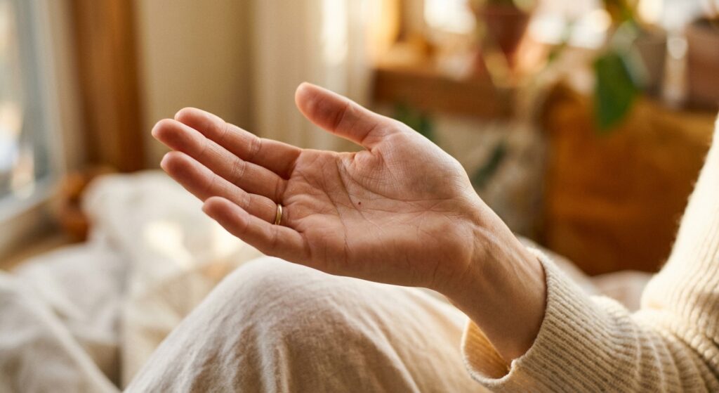 A close-up, soft-focus editorial photograph of an open human palm held gently upward, with a tiny red dot visible near the center of the palm's lines. The hand is bathed in warm, golden natural light, creating a serene and introspective atmosphere. The skin texture and fine lines of the palm are clearly visible, giving a sense of intimacy and mindfulness. The background is softly blurred in warm cream and amber tones. The overall mood is calm, contemplative, and reassuring — conveying the idea of self-awareness and inner reflection rather than fear or medical concern. Photorealistic style with a gentle, editorial quality.