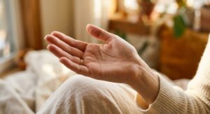 A close-up, soft-focus editorial photograph of an open human palm held gently upward, with a tiny red dot visible near the center of the palm's lines. The hand is bathed in warm, golden natural light, creating a serene and introspective atmosphere. The skin texture and fine lines of the palm are clearly visible, giving a sense of intimacy and mindfulness. The background is softly blurred in warm cream and amber tones. The overall mood is calm, contemplative, and reassuring — conveying the idea of self-awareness and inner reflection rather than fear or medical concern. Photorealistic style with a gentle, editorial quality.