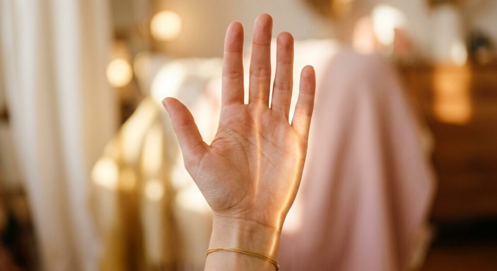 A close-up, softly lit photograph of an open female palm held gently upward, with delicate lines on the skin subtly illuminated by warm golden light. The hand appears graceful and introspective, positioned against a dreamy, blurred background in soft tones of ivory, gold, and pale rose. A gentle glow emanates from the area beneath the little finger, suggesting the presence of a luminous vertical line tracing upward through the palm. The overall mood is contemplative, mystical yet grounded, evoking themes of self-discovery, inner abundance, and the quiet power of self-worth. The aesthetic is editorial and elegant, reminiscent of Japanese wellness and spiritual lifestyle photography, with a warm, golden-hour quality of light that feels both intimate and hopeful.