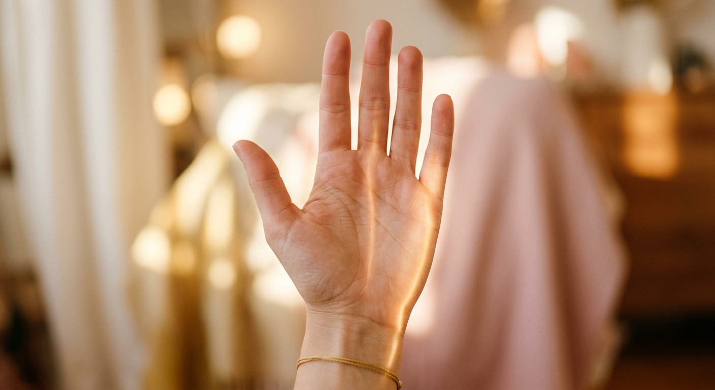 A close-up, softly lit photograph of an open female palm held gently upward, with delicate lines on the skin subtly illuminated by warm golden light. The hand appears graceful and introspective, positioned against a dreamy, blurred background in soft tones of ivory, gold, and pale rose. A gentle glow emanates from the area beneath the little finger, suggesting the presence of a luminous vertical line tracing upward through the palm. The overall mood is contemplative, mystical yet grounded, evoking themes of self-discovery, inner abundance, and the quiet power of self-worth. The aesthetic is editorial and elegant, reminiscent of Japanese wellness and spiritual lifestyle photography, with a warm, golden-hour quality of light that feels both intimate and hopeful.