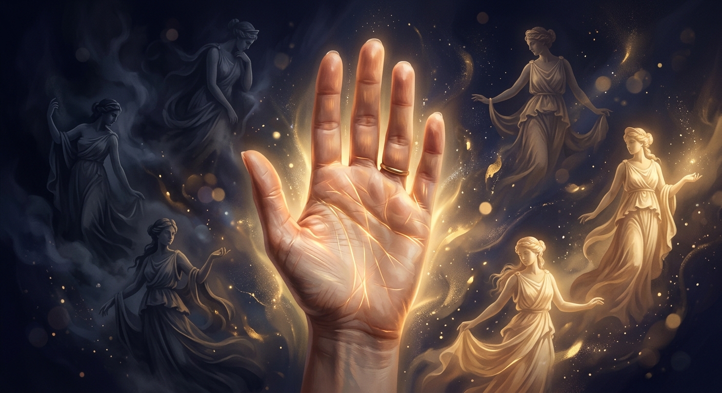 A serene and ethereal image of an open human palm glowing softly with golden light, viewed from above against a deep indigo background. The palm lines on the hand are subtly illuminated, radiating a warm amber glow as if lit from within. Surrounding the hand, delicate silhouettes of classical Greek goddess figures emerge from soft shadows — some shrouded in dark, cool tones representing shadow and doubt, others bathed in warm, luminous gold representing talent and light. The transition from shadow to light flows organically across the composition, symbolizing transformation and self-discovery. The overall mood is mystical, introspective, and empowering, with a Japanese spiritual aesthetic — elegant, minimal, and deeply personal. Soft bokeh light particles drift through the scene, adding a dreamlike quality. Photorealistic digital art style with painterly elements, high contrast between shadow and golden light.