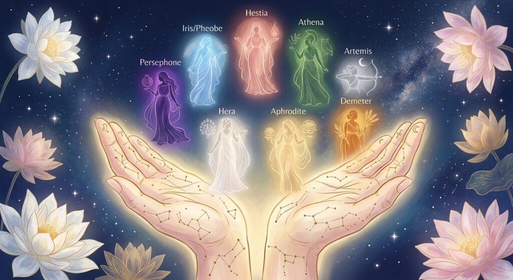 A serene, ethereal illustration of two open palms facing upward, glowing softly with golden light, surrounded by subtle celestial symbols and delicate line patterns resembling palm lines that transform into constellations. Above the hands, eight translucent feminine silhouettes representing Greek goddesses float gently in a circular arrangement, each radiating a different color aura — warm rose, deep violet, soft gold, forest green, sky blue, silver, amber, and pearl white. The background is a deep midnight blue gradient with soft starlight and blooming lotus flowers. The overall mood is mystical yet grounded, introspective and empowering, blending ancient mythology with modern self-discovery. Painterly digital art style with a soft luminous quality, editorial illustration aesthetic.