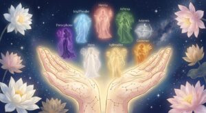 A serene, ethereal illustration of two open palms facing upward, glowing softly with golden light, surrounded by subtle celestial symbols and delicate line patterns resembling palm lines that transform into constellations. Above the hands, eight translucent feminine silhouettes representing Greek goddesses float gently in a circular arrangement, each radiating a different color aura — warm rose, deep violet, soft gold, forest green, sky blue, silver, amber, and pearl white. The background is a deep midnight blue gradient with soft starlight and blooming lotus flowers. The overall mood is mystical yet grounded, introspective and empowering, blending ancient mythology with modern self-discovery. Painterly digital art style with a soft luminous quality, editorial illustration aesthetic.