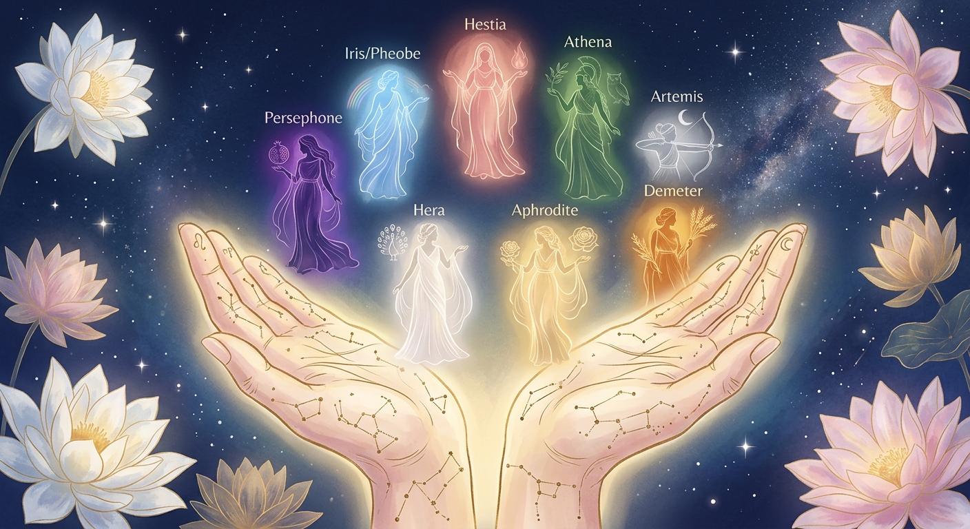 A serene, ethereal illustration of two open palms facing upward, glowing softly with golden light, surrounded by subtle celestial symbols and delicate line patterns resembling palm lines that transform into constellations. Above the hands, eight translucent feminine silhouettes representing Greek goddesses float gently in a circular arrangement, each radiating a different color aura — warm rose, deep violet, soft gold, forest green, sky blue, silver, amber, and pearl white. The background is a deep midnight blue gradient with soft starlight and blooming lotus flowers. The overall mood is mystical yet grounded, introspective and empowering, blending ancient mythology with modern self-discovery. Painterly digital art style with a soft luminous quality, editorial illustration aesthetic.